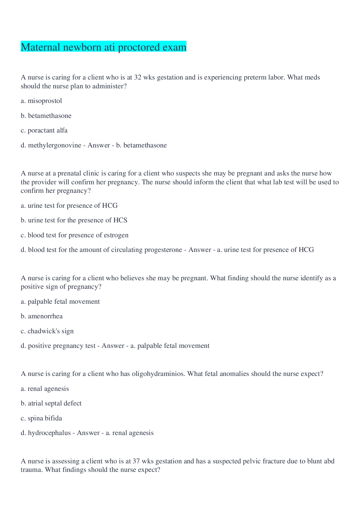 Preview image for Maternal newborn ati proctored exam questions and answers 2022/2023